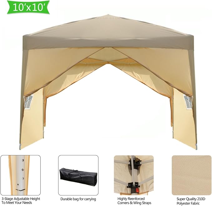10'x10' Right-Angle Waterproof Outdoor Party Canopy Folding Tent with 2 Doors4 Sidewalls and 2 WindowsGazebo SunWall for Backyard BBQ Picnics Patio Garden Camping