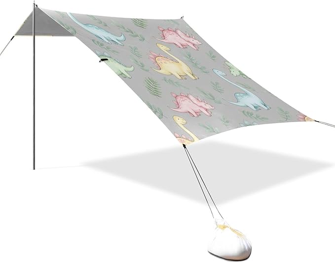 xigua Dinosaur Beach Tent Sun Shelter with Carrying Bag - Silver Coated Oxford Fabric Beach Canopy for Beach Camping Fishing - Includes Windproof Ropes Sandbags &amp Stakes