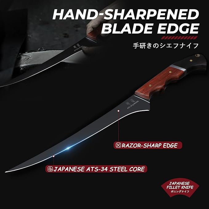 Fish Fillet Knife 7inch - Black Meat Slicing Knife in High Carbon Steel Boning Knives for Meat Poultry Chicken Trimming Fish Knives with Wooden Handle Gift for Men