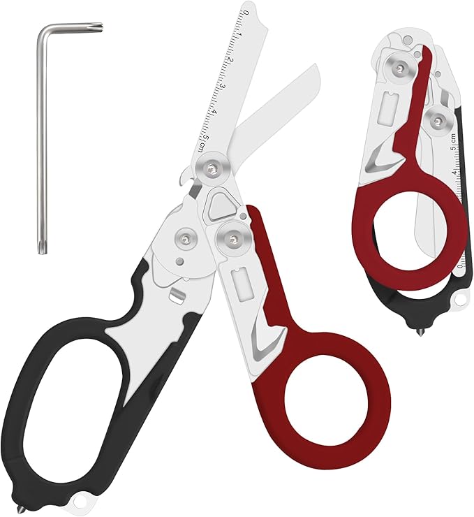 6 in 1 Multifunctional Combination Tool Folding Retractable Emergency Shears Outdoor Camping Tools Seat Belt Cutter Oxygen Cylinder Wrench Complimentary Adjustable Wrench (dark red)