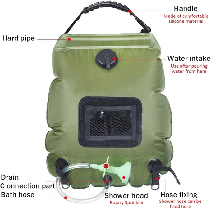 20L Camping Solar Shower BagSolar Heating Portable Shower Bag Camp Shower with Removable Hose for Traveling Hiking Climbing OutdoorBlack