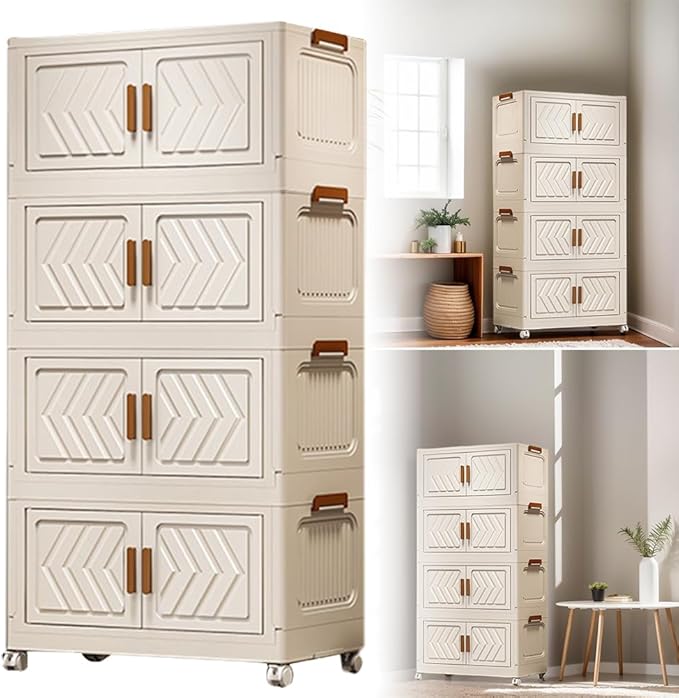 ETOYA 4-Tier Stackable Storage Bins with Lids &amp Wheels - 14.96x10.24x35.43 Collapsible Organizer Foldable Container Plastic Storage Containers for Living Room Office Dorm Organization