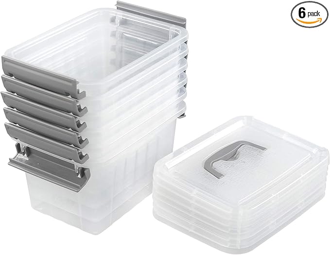 Farmoon 3.5 Quart Clear Storage Bin Small Plastic Stackable Box/Cotainer with Lid and Grey Handle 6 Packs