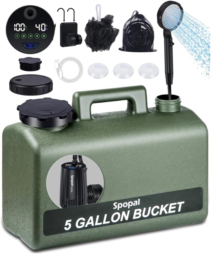 Spopal Portable Shower for Camping with 5-Gallon Water Jug [Upgraded] 10000mAh Rechargeable Camping Shower with 5 Adjustable Speeds Food Grade Material Water Containers for Hiking Travel Car Pet