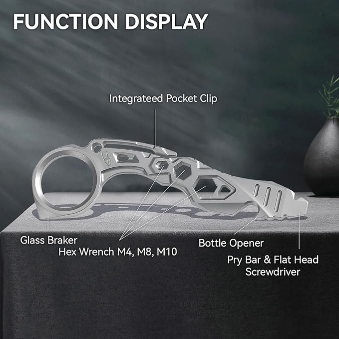 KANSEPT PryMate Plain Titanium Pry Bar Multitool with Glass Breaker Bottle Opener Hex Bit Pocket Cilp or Keychain for Your Versatile Companion for Everyday Carry and Camping Accessories G008A1
