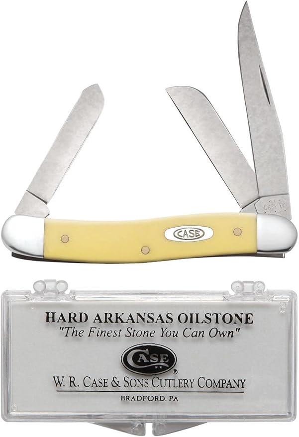 Case XX WR Pocket Knife Medium Stockman Yellow Synthetic Handle Carbon Steel Blades Length Closed: 3 5/8 Inches W/Sharpening Stone