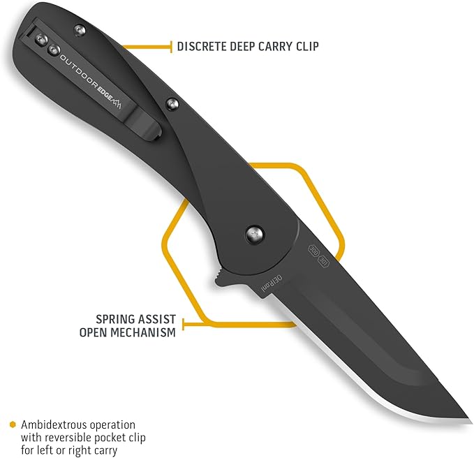 OUTDOOR EDGE RAZOR VX1 Black with 3 Black Drop Point Blades 1 Serrated Blade &amp 6 Tantos - Replaceable Blade EDC Folding Pocket Knife - 3 Stainless Blade Black Anodized Aluminum Handle