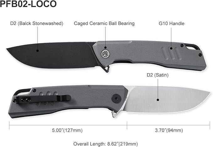 Petrified fish PFB02 Loco Pocket Knife 3.70 D2 Satin Blade Camping Knife 5.29oz G10 Handle Flipper Liner lock Folding knife for EDC (Green Black Stonewashed)