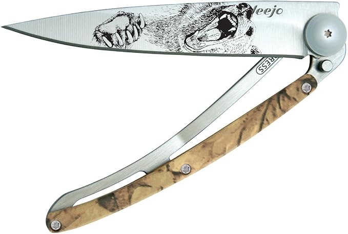 deejo - 37G Folding Pocket Knife with Belt Clip - Grizzly Design 3.7-Inch Stainless Steel Blade Brown Camo Handle - Lightweight Everyday Carry for Home Work and Outdoor Use