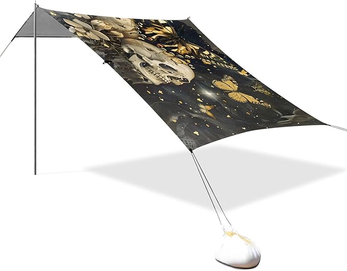 ALAZA Butterflies Skull Vintage Beach Tent Sun Shelter UPF50+ Protection Beach Shade Canopy w/ 4 Sandbags for Outdoor Camping Fishing Backyard Fun Picnic 10x9 ft