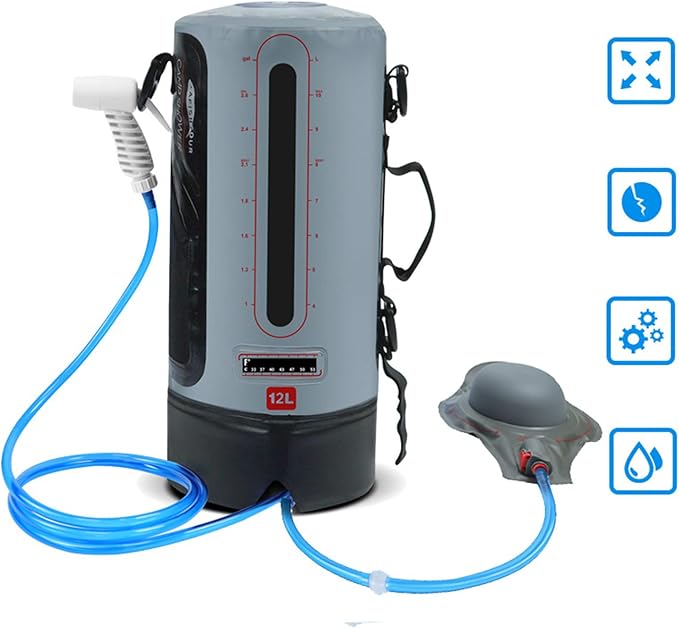 12L Camping Pressure Shower Bag Portable Solar Water Bag with Foot Pump and Shower Head for Hiking Picnic Swimming