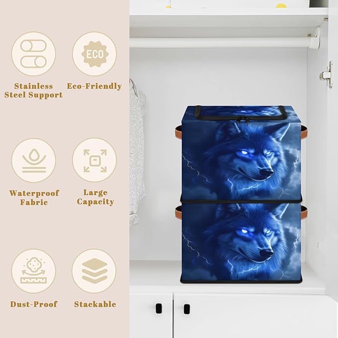 Blue Wolf Storage Box with Lid Wild Animal Collapsible Storage Bins Baskets Cubes Closet Shelf Clothes Organizer Containers with PU Leather Handles