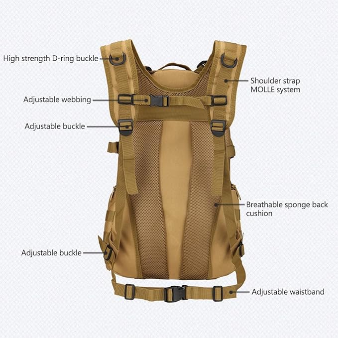 Tactical Backpack for Men Hiking Day Pack Molle Military Rucksack Waterproof 35L EDC Bag (Black)