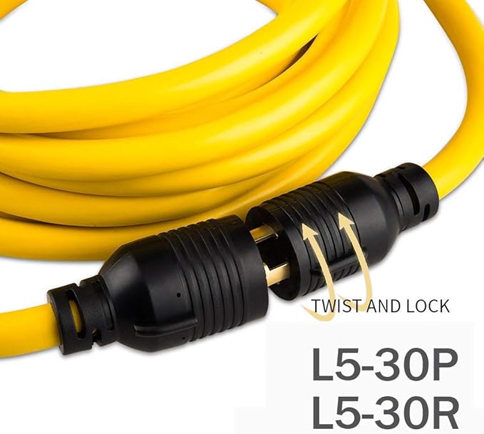 25FT Heavy Duty 3 Prong Generator Locking Power Cord NEMA L5-30P/L5-30R10 Gauge SJTW Cable 125V 30Amp Yellow Generator Lock Extension Cord with UL Listed