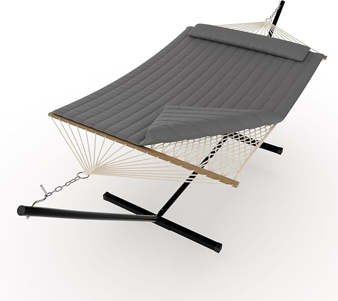 Double Hammock with Stand for 2 Adults - Heavy Duty 475 Lbs Capacity - Portable Hammock Set w/Breathable Cotton Rope &amp Quilted Pad - Backyard Camping Indoor or Outdoor Use (Black)