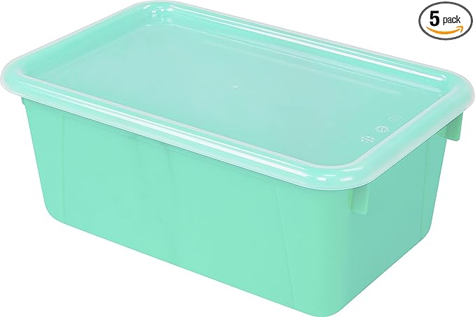 Storex Small Cubby Bins – Plastic Storage Containers for Classroom with Non-Snap Lid 12.2 x 7.8 x 5.1 inches Teal 5-Pack (62412A05C)