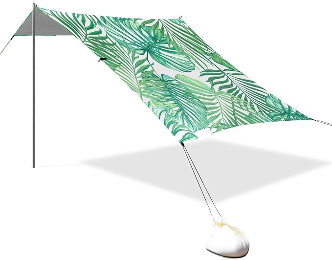 xigua Leaf Beach Tent Sun Shelter with Carrying Bag - Silver Coated Oxford Fabric Beach Canopy for Beach Camping Fishing - Includes Windproof Ropes Sandbags &amp Stakes