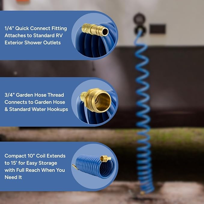 RecPro RV Exterior Shower Hose | 15' Blue Coiled Hose | Optional Flexible Quick Connect Sprayer | UV Resistant (No Sprayer)