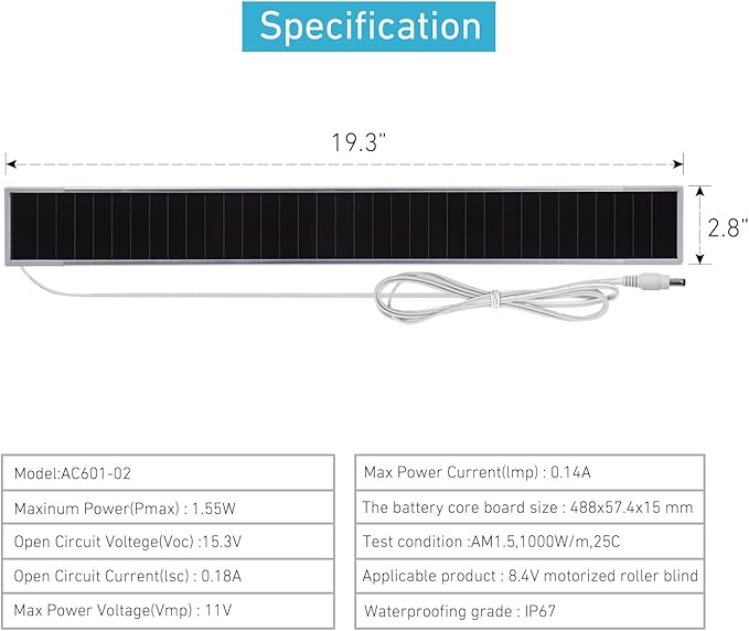 Solar Charger 7.4V/8.4V Solar Panel Charger for Window Shades Dual Cell Series Li-ion Device Solar ChargerMotorized Curtain or Motorized Blinds 8.4V Charger
