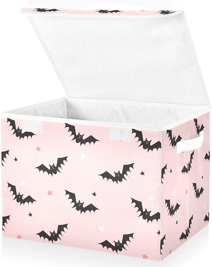 Halloween Bats Pink Lidded Home Storage Bins Closet Storage Bins Foldable Oxford Fabric Storage Box for Home Bedroom Closet Office (16.5x12.6x11.8 in)