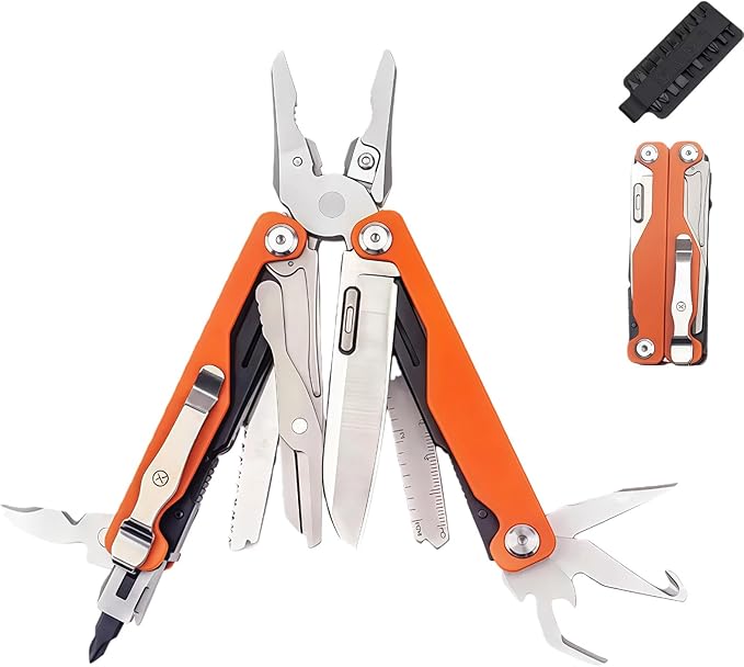 Multitool 20-in-1 Full-Size Multi-Purpose Pliers Lightweight EDC Tactical Gear With Safety Locking Camping Knives &amp Tools Gifts for Guys Gifts for Hunters Men who have Everything (Orange)