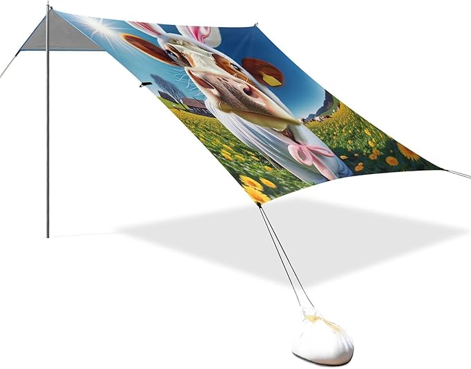 Funny Cow in Sunny Sunflowers Field Beach Tent Sun Shelter Set UPF50+ UV Protection 10.5 x 9.19 FT Camping Shade Canopy with Sandbags Sand Anchors Carrying Bag and Others