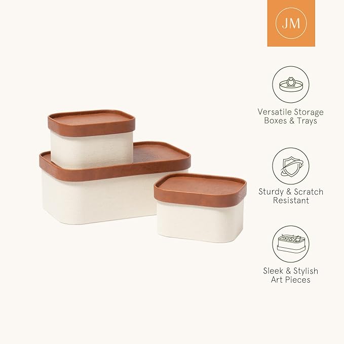 Beige Decorative Storage Boxes With Lids Storage Baskets with Leather-Like Lids Sturdy Stackable Paper Boxes Decorative Tray Modern Basket Organizer Bins for Jewelry Shelve Bathroom Bedroom