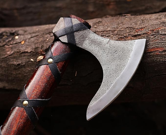 Viking Axe | Hand-Forged Carbon Steel Tomahawk with Rosewood Handle &amp Leather Sheath Bearded Axe for Camping Bushcraft Throwing Gifts for Men (Brown)