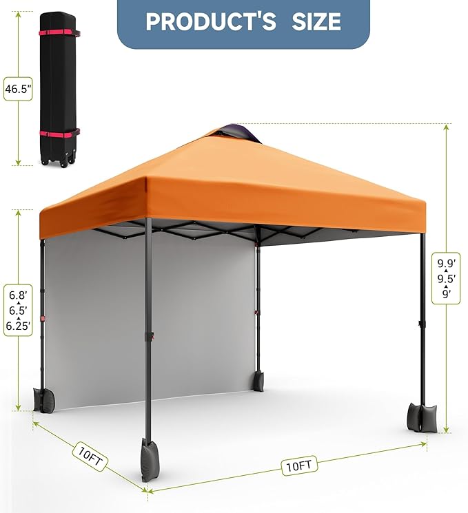 10x10ft Pop Up Canopy Tent With SidewallOutdoor Freestanding Sun Shelter Picnic and CampingInstant Shade Tent With Vented Roof for Beach &amp Events - Includes Storage BagSandbagsStakes&ampRopes