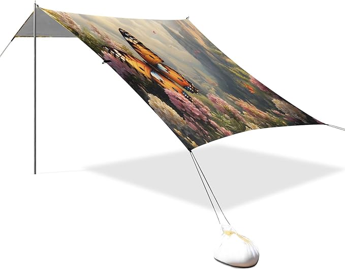 Spring Butterflies Landscape Beach Tent Sun Shelter Set UPF50+ UV Protection 10.5 x 9.19 FT Camping Shade Canopy with Sandbags Sand Anchors Carrying Bag and Others