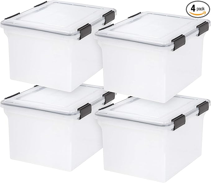 IRIS USA File Box WeatherPro File Organizer Plastic File Box for Letter/Legal File Water Resistant Document Box Durable Lid Seal w/Secure Latching Buckles Stackable Nestable Clear 32 Qt. 4Pack