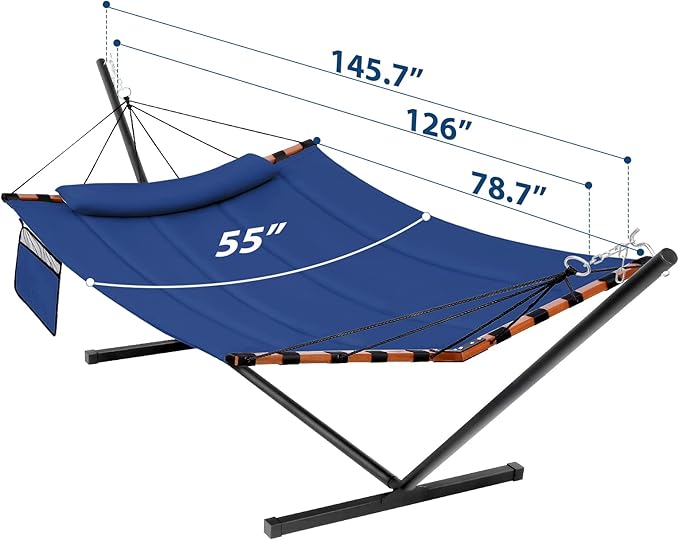 TegerDeger 12FT 2 Person Hammock with Stand Included 55 x 79IN Large Hammock 450LB Capacity with Hardwood Spreader Bar &amp Nylon Rope for Outside Patio Garden Backyard Beach - Deep Blue