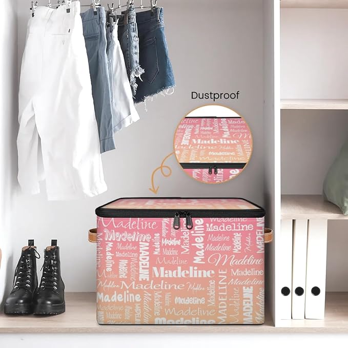 Custom Storage Basket with Name Personalized Keepsake Box with Zipper Lid Foldable Fabric Memory Bin Large capacity with Handle Pink Apricot
