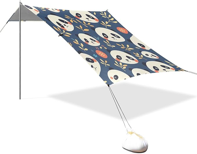 Retro Panda Face Blue Stable Beach Tent UPF50+ Lightweight Large Sun Shelter Includes Sand Shovel Sandbags Stability Poles for Backyard and Camping