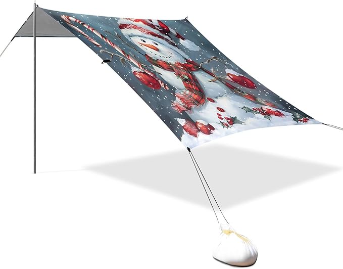 ALAZA Snowman Christmas Candy Beach Tent Sun Shelter UPF50+ Protection Beach Shade Canopy w/ 4 Sandbags for Outdoor Camping Fishing Backyard Fun Picnic 10x9 ft
