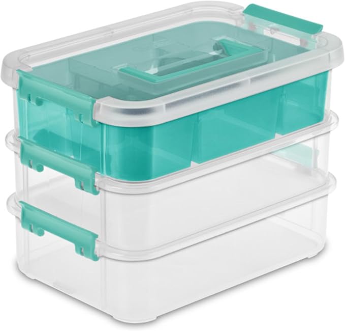 Sterilite 12 Pack Plastic Storage Box Container 3 Layer Stack and Carry Clear/Blue