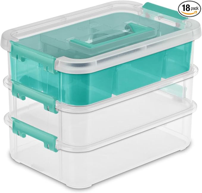 Sterilite 18 Pack Plastic Storage Box Container 3 Layer Stack and Carry Clear/Blue