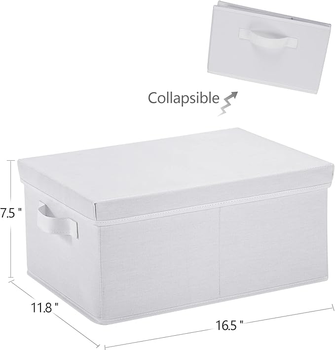 HOONEX Storage Bins with Lids for Organizing Pack of 2 Storage Boxes with 2 Carrying Handles and Sturdy Heavy Cardboard 16.5 L x 11.8 W x 7.5 H for Shoes Books Clothes Nursery White