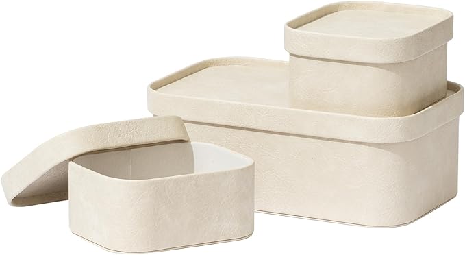 La Jolie Maison Vegan Leather Storage Boxes with Lids Set of 3 Decorative Storage Containers Organize Stackable Storage Box Beige