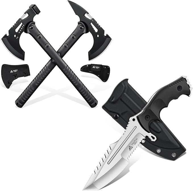 Freelander Tactical Axe 2 Pack and Fixed Blade KnifePlain &amp Serrated Edge