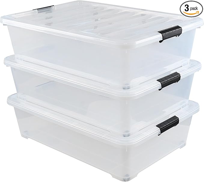 Gloreen 3 Pack Large Under Bed Storage Boxes with Wheels 50 Quart Clear Plastic Lidded Storage Bins