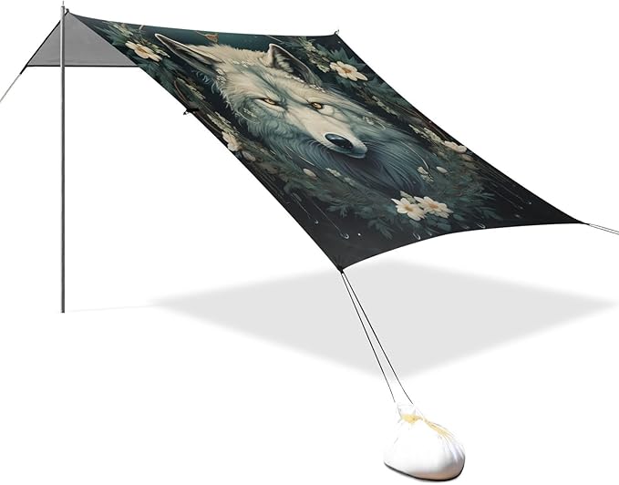 ALAZA Wolf Head Wreath of Flowers Beach Tent Sun Shelter Portable Canopy Sunshade for Outdoor Camping Picnics Backyard Fun 10x9 ft
