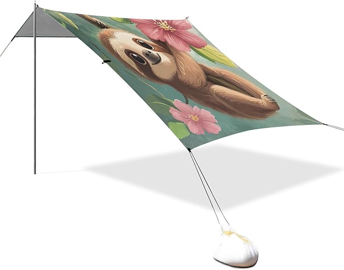 ALAZA Cartoon Sloth with Flower Tree Beach Tent Sun Shelter Portable Canopy Sunshade for Outdoor Camping Picnics Backyard Fun 10x9 ft
