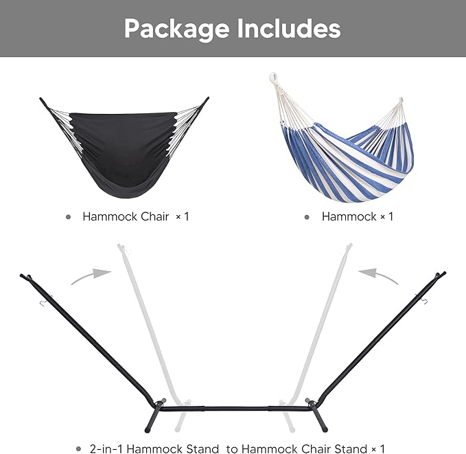 SUNCREAT 2-in-1 Convertible Free Standing Hammock with Stand Included Camping Backyard Hammock with Stand Patented Blue &amp White Stripe