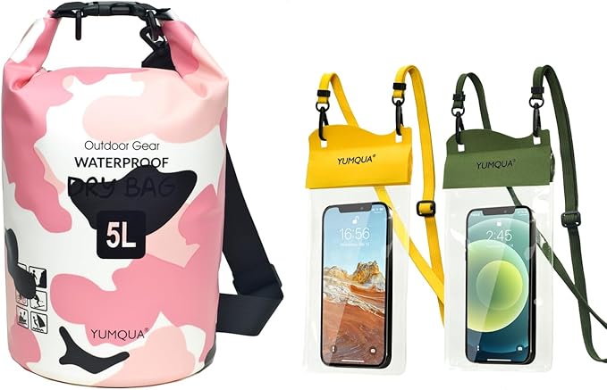 YUMQUA 5L Waterproof Dry Bag Bundle with 2 Pack Large Waterproof Phone Pouches