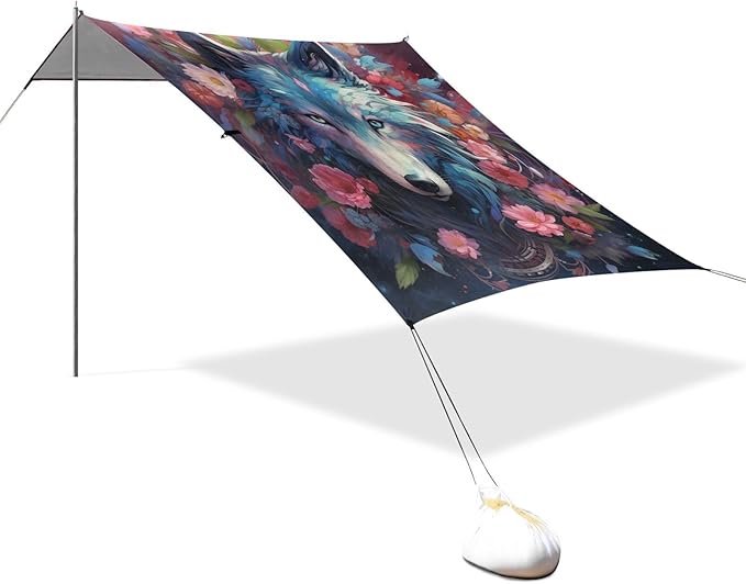 ALAZA Wolf with Flower Beach Tent Sun Shelter Portable Canopy Sunshade for Outdoor Camping Picnics Backyard Fun 10x9 ft