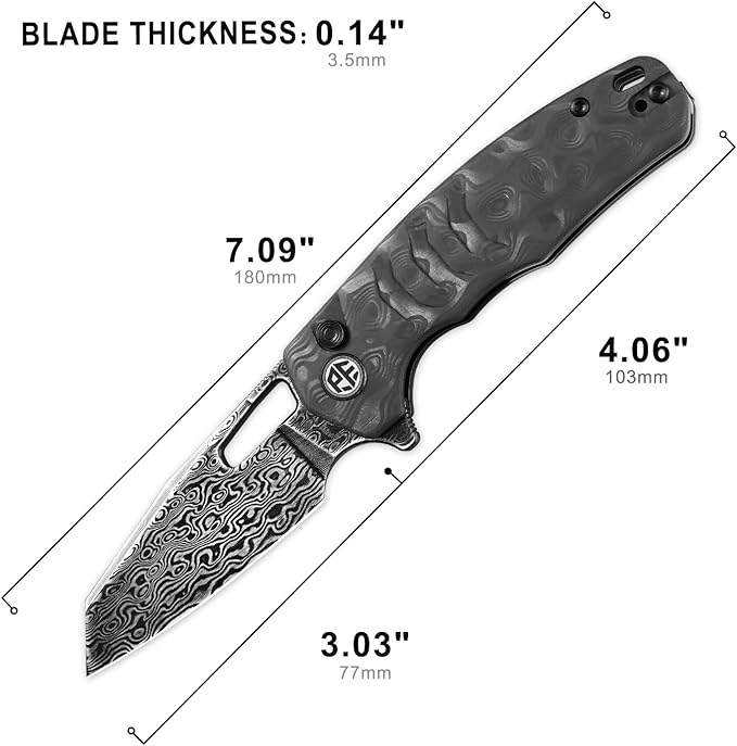 Petrified fish PFE17 Trilobite Folding Knife3.03 Damascus Black Stonewashed Blade Carbon Fiber Handle Camping Folding knife for EDC Outdoor (Black Damascus)