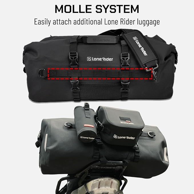 Lone Rider Waterproof Motorcycle Tail Bag 50L - Dustproof Roll Top Dry Bag ADV Motorbike Touring Luggage - 600D TPU Welded Seams Air Valve MOLLE Quick-Release Straps - Black