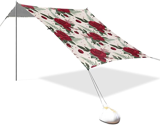 ALAZA Red Rose Fern Pattern Beach Tent Sun Shelter UPF50+ Protection Beach Shade Canopy w/ 4 Sandbags for Outdoor Camping Fishing Backyard Fun Picnic 10x9 ft