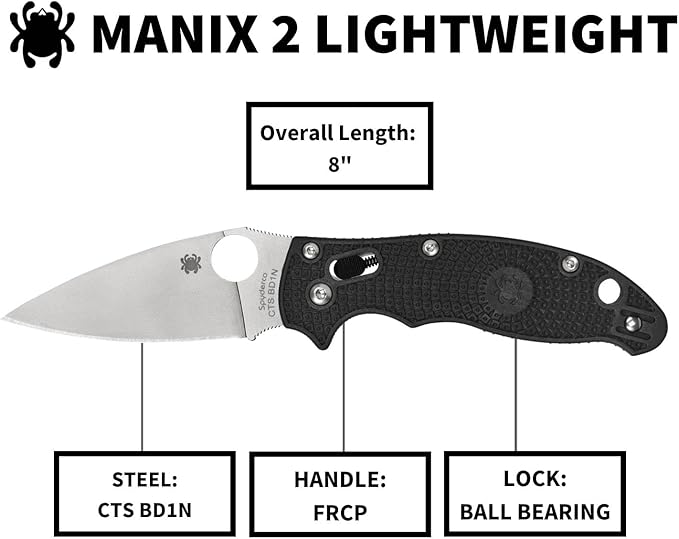 Spyderco Manix 2 Lightweight Folding Pocket Knife with 3.3 CTS BD1N Steel Blade and FRCP Handle - EDC Knife for Men and Women Perfect for Hunting Tactical Camping Survival - PlainEdge - C101PBK2